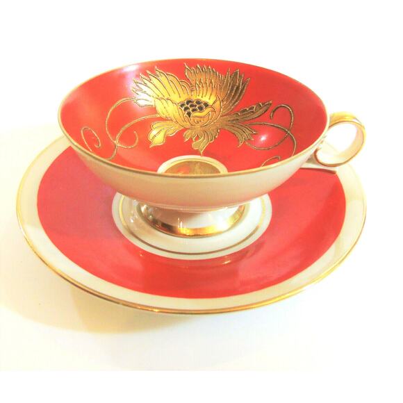 Shau Bach Kunst Wallendorf CUP & SAUCER SET Red Orange Ornate Gold Relief Flower - Picture 6 of 6